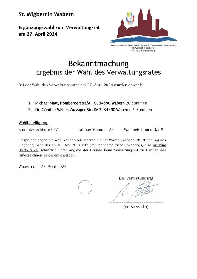 Ergebnis Ergänzungswahl zum Verwaltungsrat Fritzlar 2024